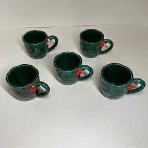 Vintage Lefton Green Holly Berry Leaves Mug Set of 5 #1366 1950s MCM Christmas